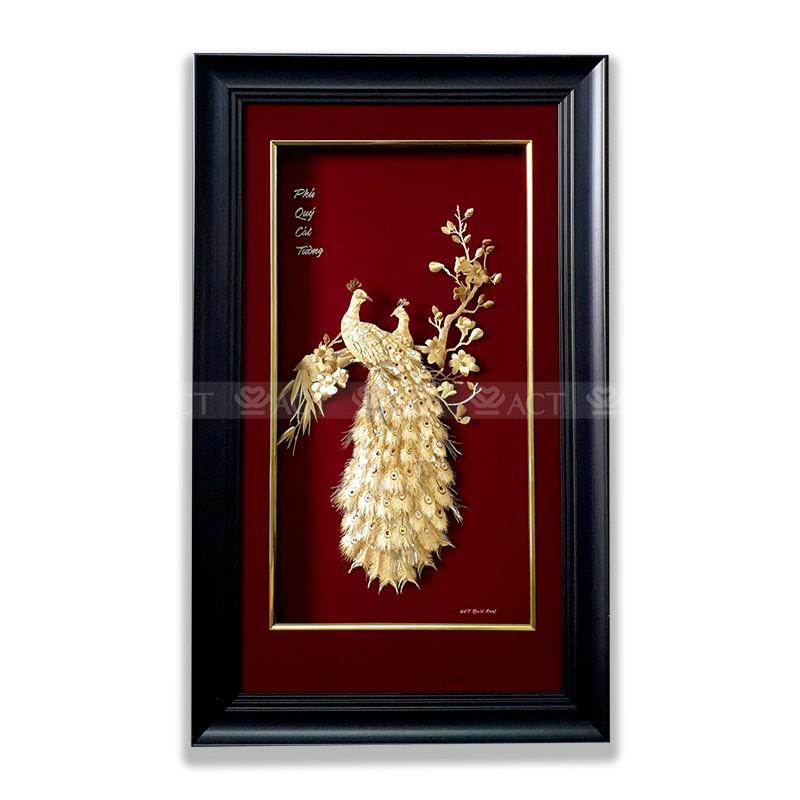 TRANH ĐÔI CHIM CÔNG VÀ HOA MỘC LAN DÁT VÀNG (40X65CM)