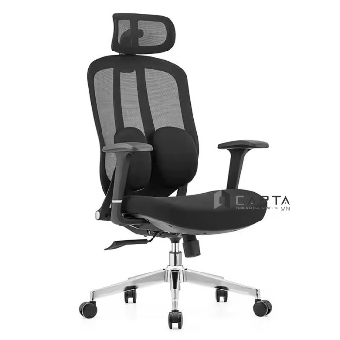 Ghế làm việc giảm đau lưng hạn chế đau vai gáy CM4560-M Nội thất Capta Ghế văn phòng lưng lưới nệm vải có tựa đầu hỗ trợ cột sống tay nhựa chữ T điều chỉnh được