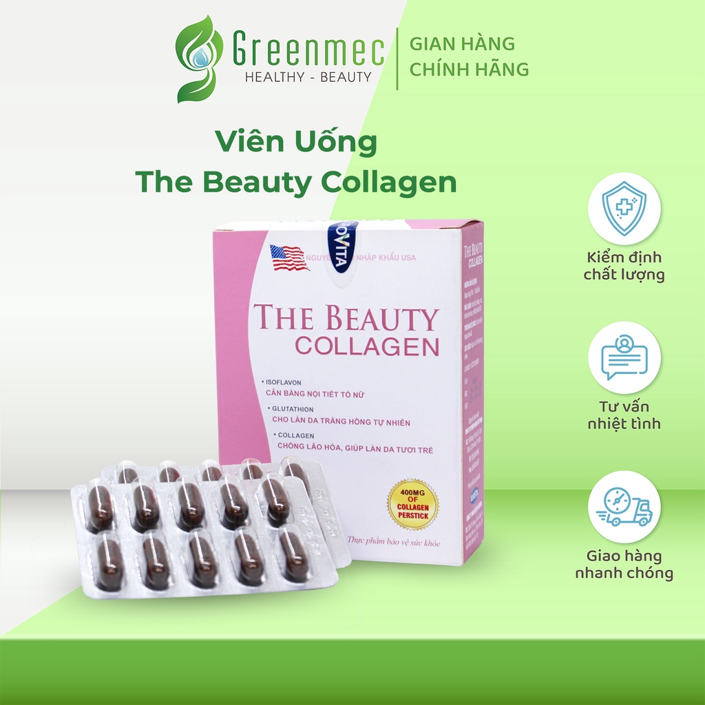 Viên Uống The Beauty Collagen Hạn Chế Lão Hóa, Hỗ Trợ Da Căng Bóng, Trắng Hồng Rạng Rỡ - Greenmec