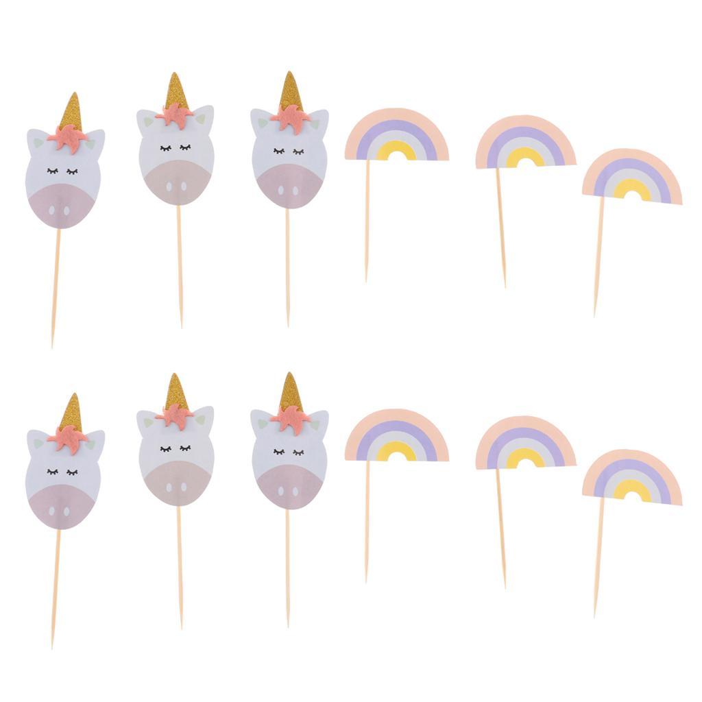 2x12pcs Set Cartoon Unicorn Party Cupcake Picks Rainbow Cake Topper Decoration