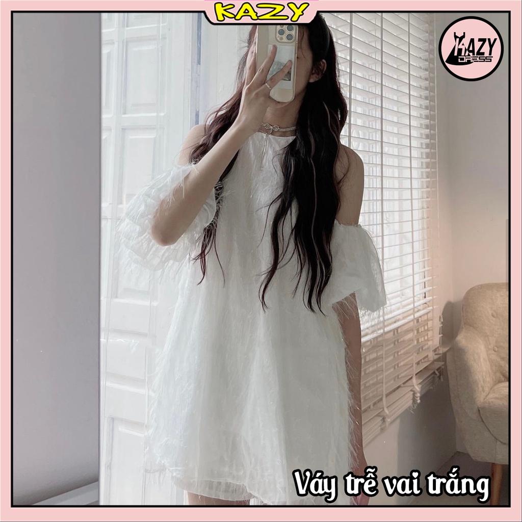 Váy cổ yếm trễ vai tơ lông mềm mịn phong cách tiểu thư KAZY DRESS V047