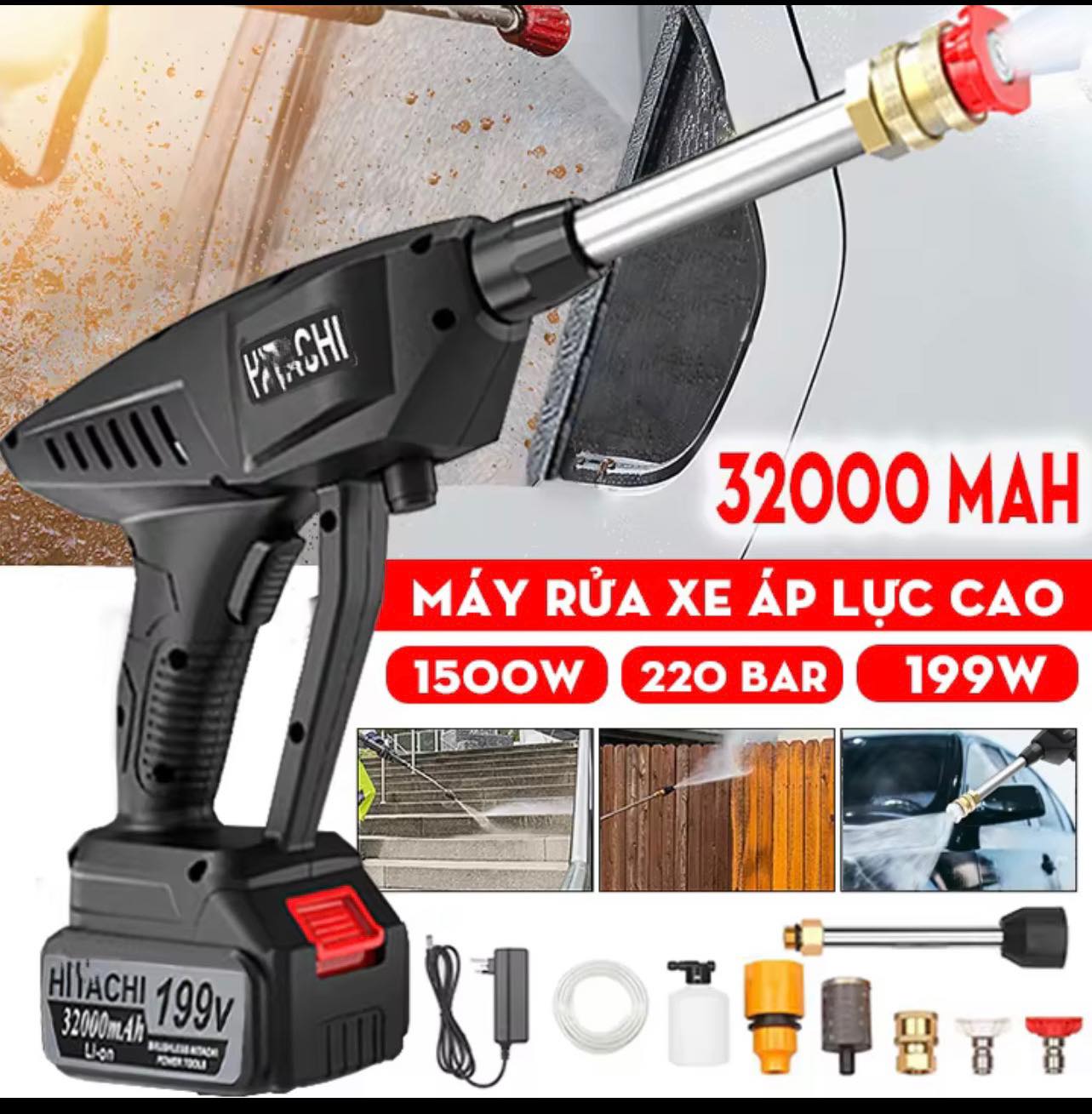 Máy rửa xe mini cầm tay dùng pin đa năng rửa xe, vệ sinh, tưới cây - Vòi phun áp lực mạnh công suất 1800WW