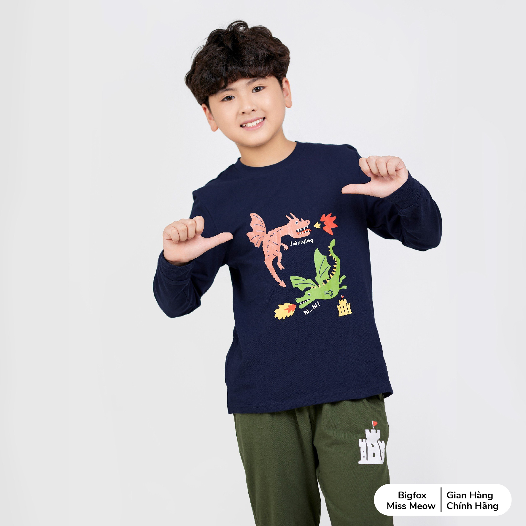 Bộ đồ thu đông bé trai Bigfox Miss Meow style Hàn Quốc, kiểu dài tay chất cotton size đại trẻ em 3,7,9,11 tuổi 30kg