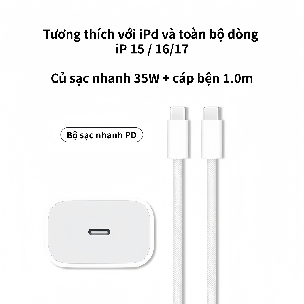 Bộ dây và củ sạc nhanh 35w type C dùng cho IP 17, 16, 15, Galaxy Note10 Plus, S20 Ultra và các dòng điện thoại dùng chung cổng Type C - Hàng nhập khẩu
