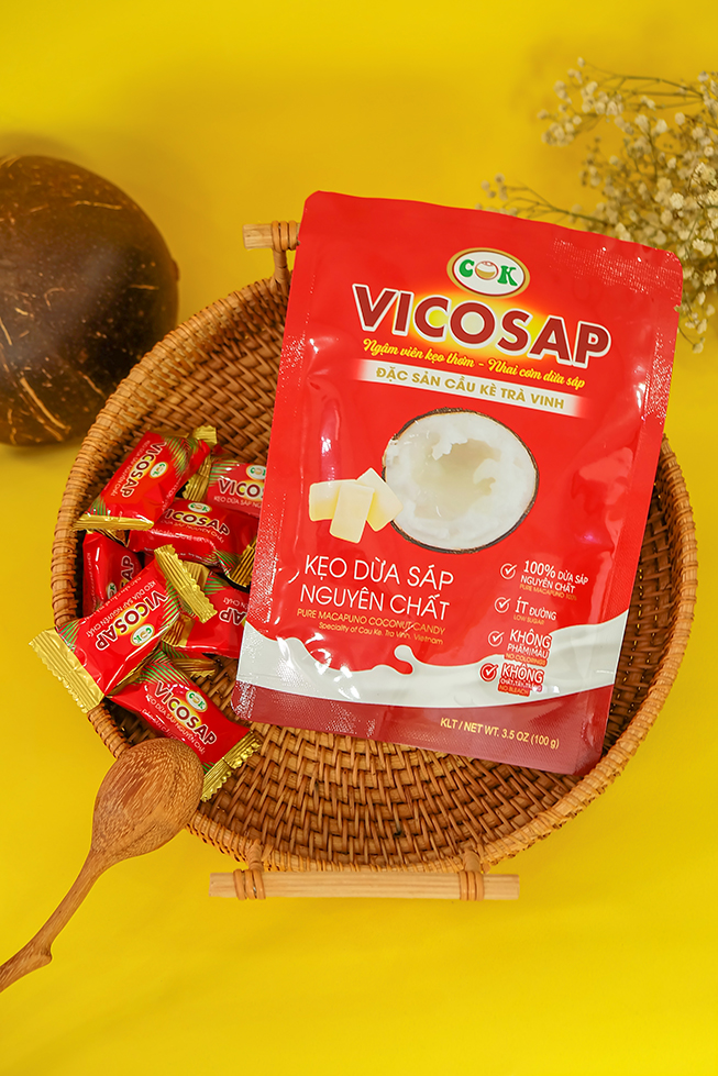 Combo 4 Sản Phẩm Vicosap tặng kèm túi, Kẹo dừa sáp Nguyên Chất+Kẹo dừa sáp Lá Dứa+Kẹo dừa sáp Cacao+Dừa Sáp Sợi 220ml