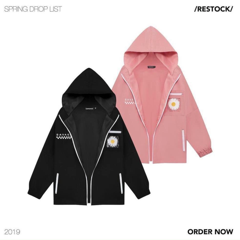 Áo khoác dù in hình hoa cúc SAVA dành cho nam cho nữ có mũ, jacket form rộng có 2 màu unisex ulzzang