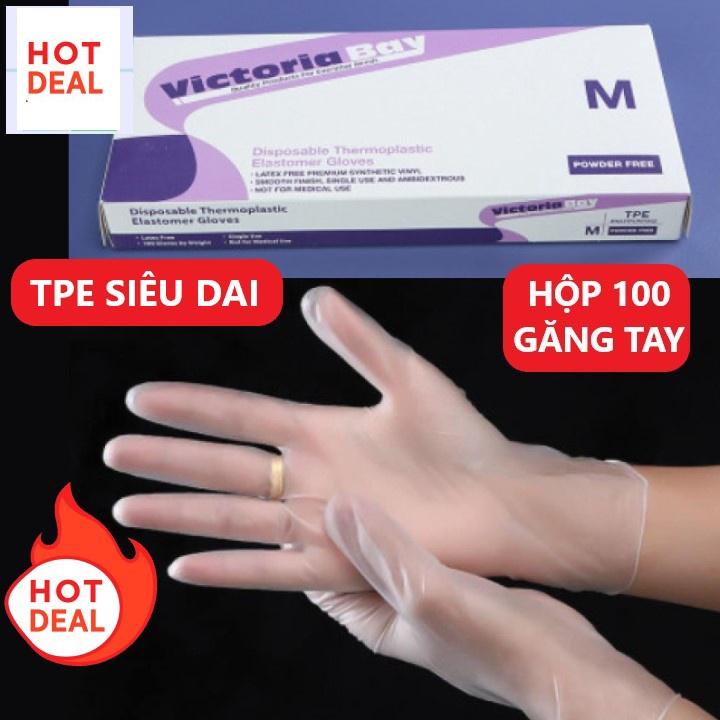 Hộp 100 cái gang tay Victoria Bay găng tay cao su dùng 1 lần làm bếp vệ sinh siêu dai chất liệu TPE không mùi