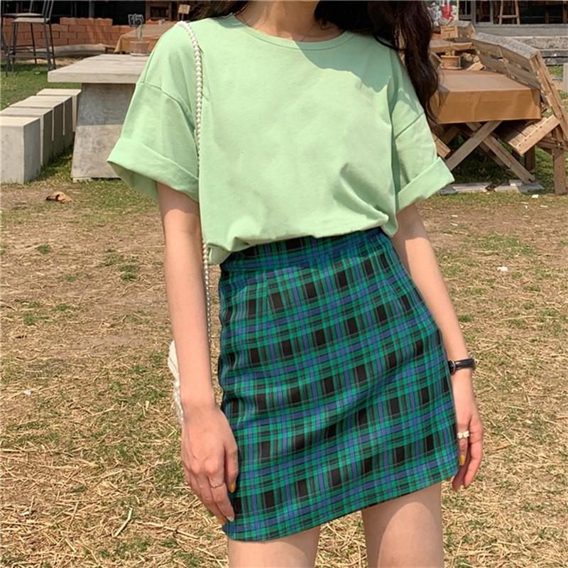 Women Fashion Stitching Color Lattice High Waist Skirt Slim A Line Skirt