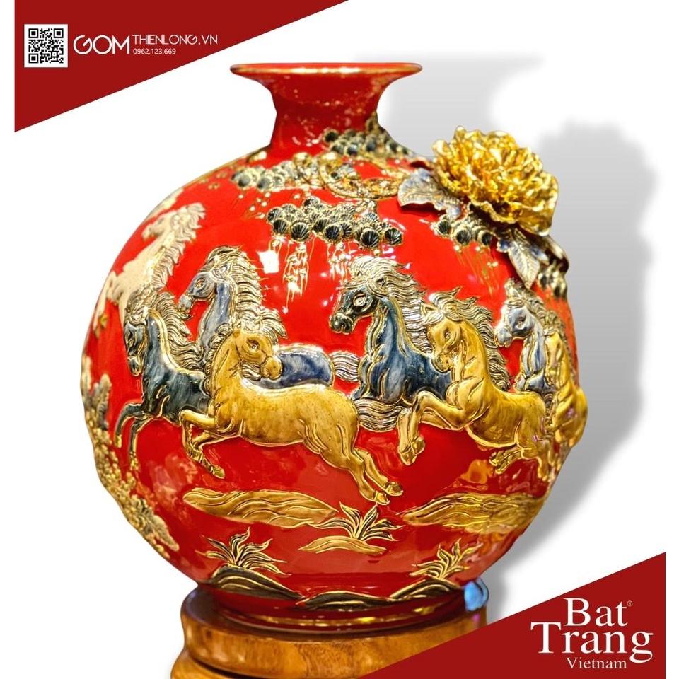 Bình Hút Lộc Mã Đáo Thành Công Màu Đỏ - Vẽ Vàng Đắp Nổi Hàng Kỹ - Bình Hút Tài Lộc Bát Tràng - Gốm Thiên Long