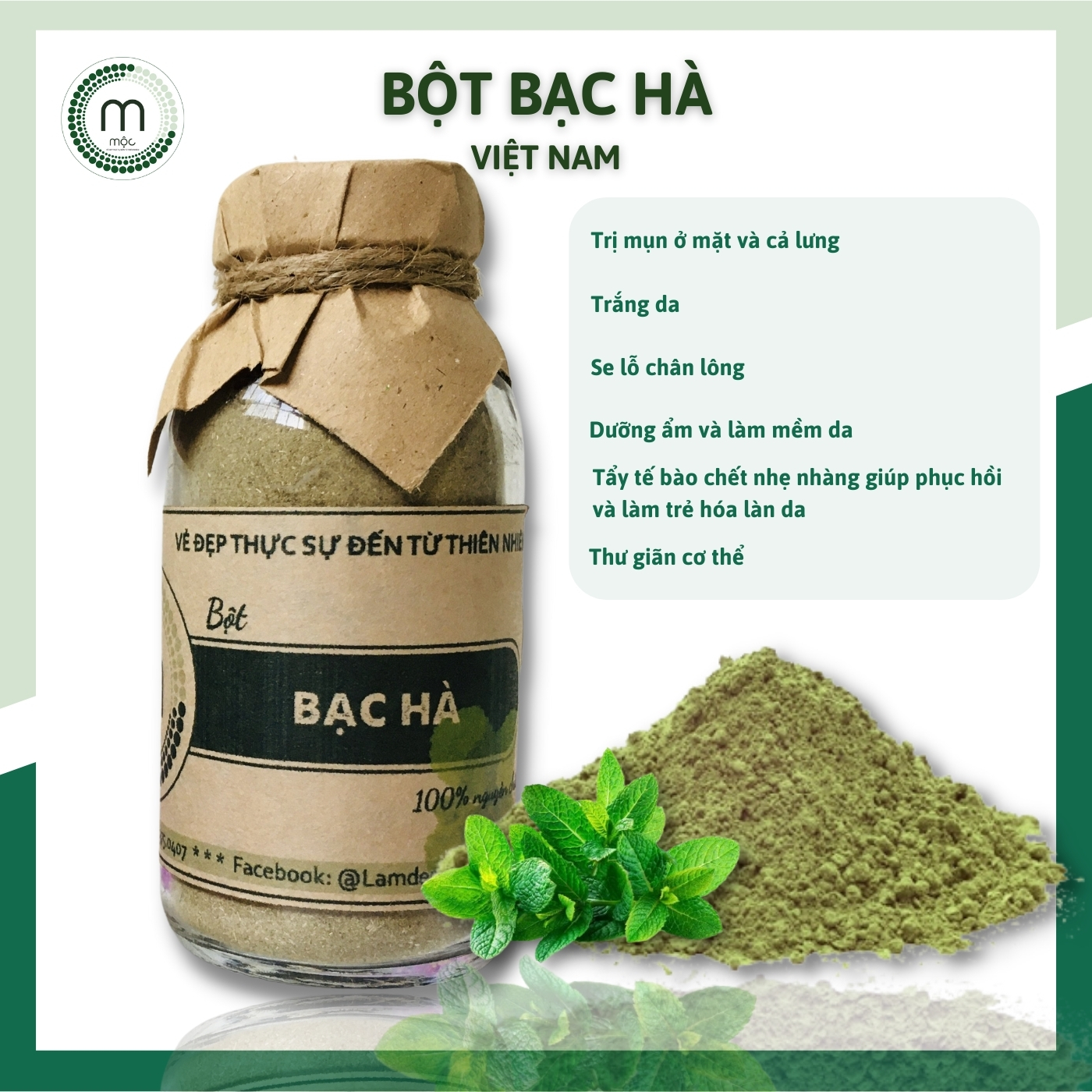 bột đắp mặt Lá Bạc Hà trị mụn nguyên chất 200ml (100g)