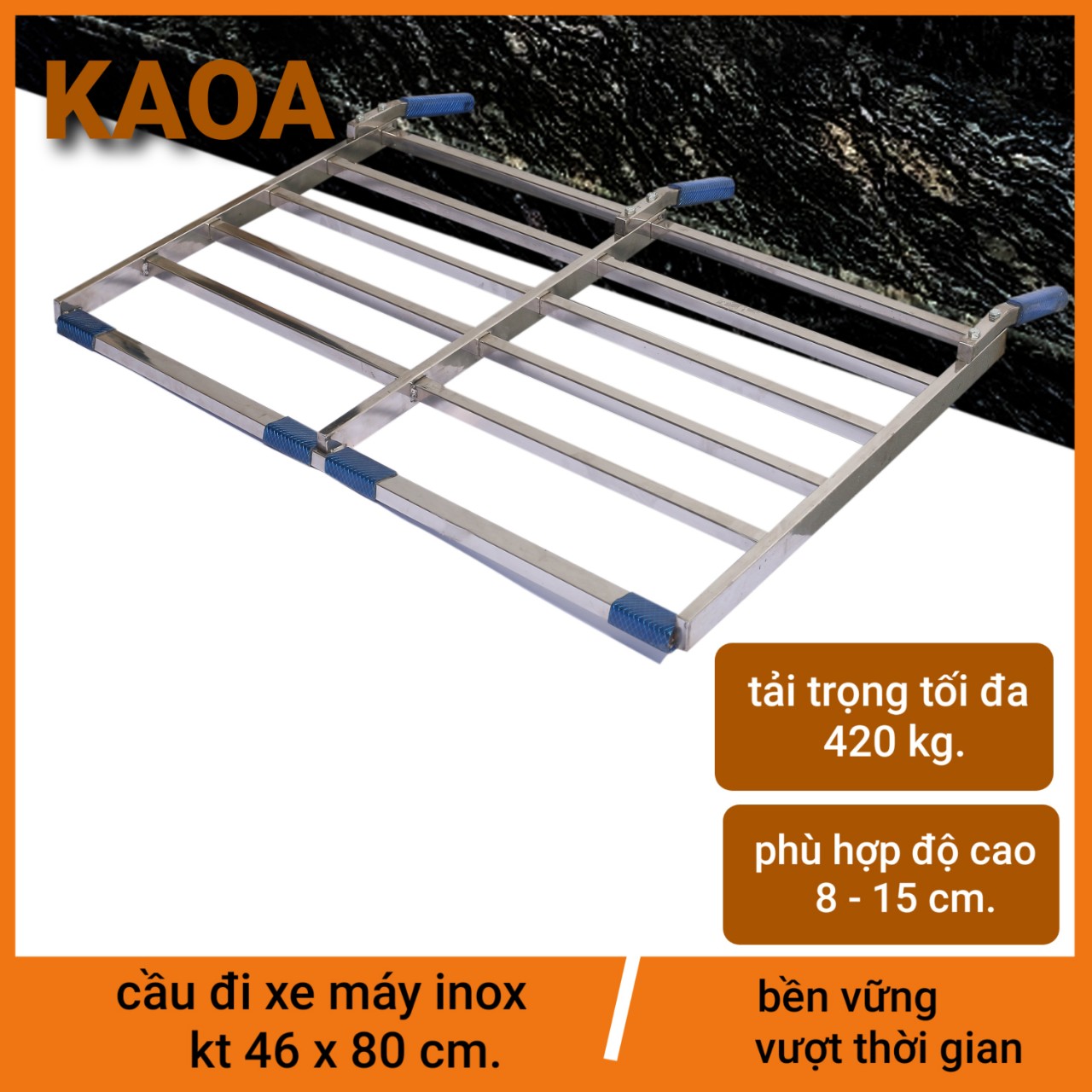 Thang dắt xe máy inox bản rộng 75cm. ( cho thềm cao từ 8 - 32 cm. bảo hành 12 tháng )