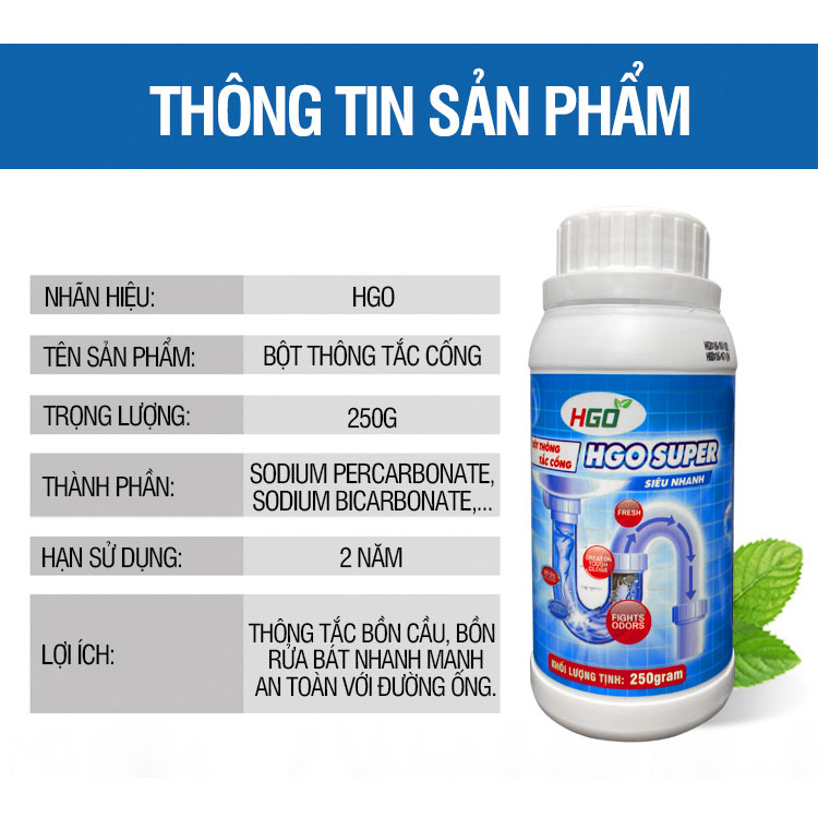 [COMBO 3] Bột thông cống cực mạnh HGO SUPER bột thông bồn cầu, bồn rửa bát, đường ống, chai 250gram