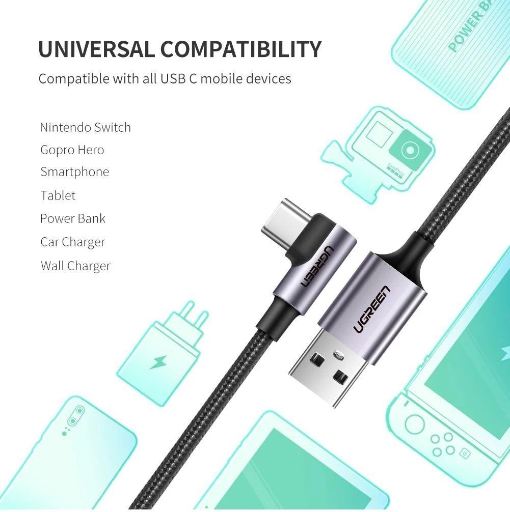 Ugreen 70255 3M màu đen cáp USB đầu Type-C bẻ góc 90 độ 3A Ugreen US284 - Hàng Chính Hãng