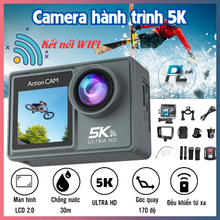 Camera hành trình 5K Chống nước Chống rung ô tô ,xe máy - Camera Sport đi phượt kết nối wifi điện thoại - Hàng chính hãng