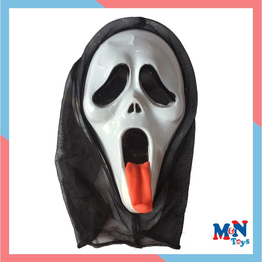 Mặt nạ sát nhân giấu mặt lưỡi đỏ có vải chùm hóa trang Halloween