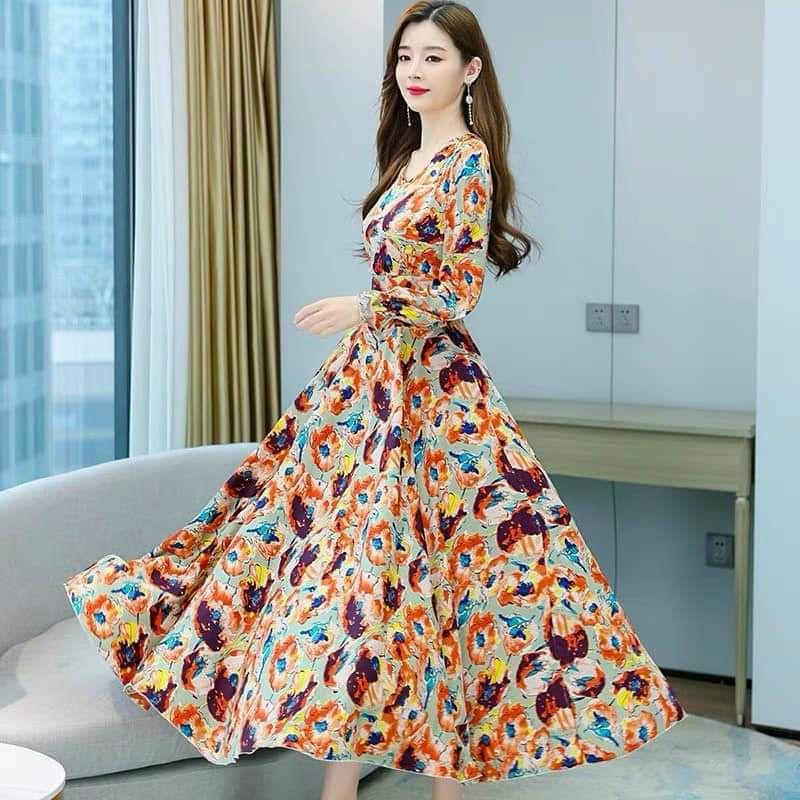 HÀNG NHẬP - ĐẦM MAXI VOAN HOA CỔ V TAY DÀI