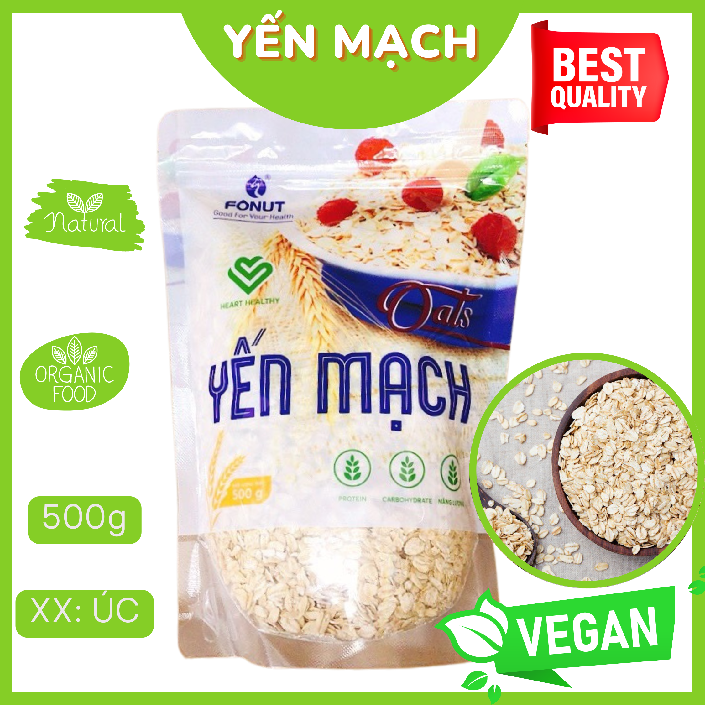 Yến Mạch tươi Oats cán dẹp tự nhiên Úc Fonut túi 500g