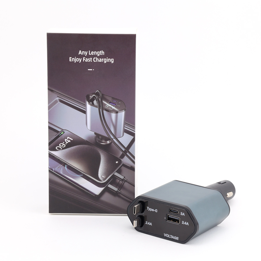 Tẩu Sạc Nhanh C1 Dây Rút Tự Động 4 in 1 USB Type-C Và Lightning Đa Năng Vỏ Hợp Kim Cao Cấp - Nhập Khẩu Chính Hãng