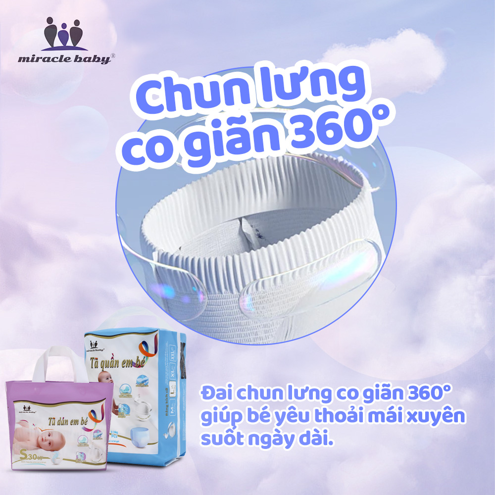 [COMBO MUA 3 TẶNG 1 ] Tã quần / Bỉm quần cho bé từ 6kg trở lên thương hiệu Miracle Baby , chất liêu tơ tằm mềm mại thông thoát làn da có 4 kích thước M16/L14/XL12/XXL10