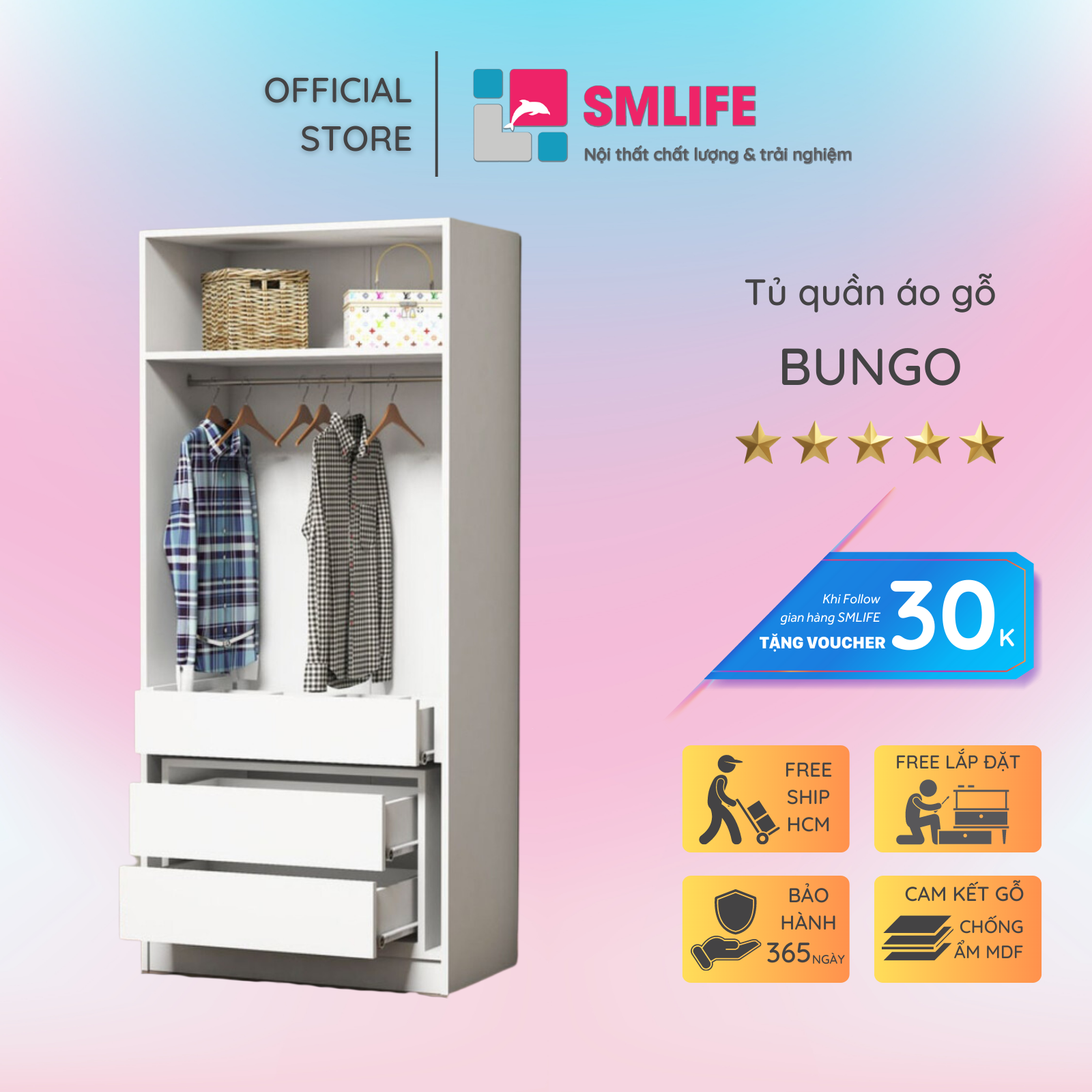 Tủ quần áo gỗ hiện đại SMLIFE Bungo | Gỗ MDF dày 17mm chống ẩm | D80xR45xC180cm