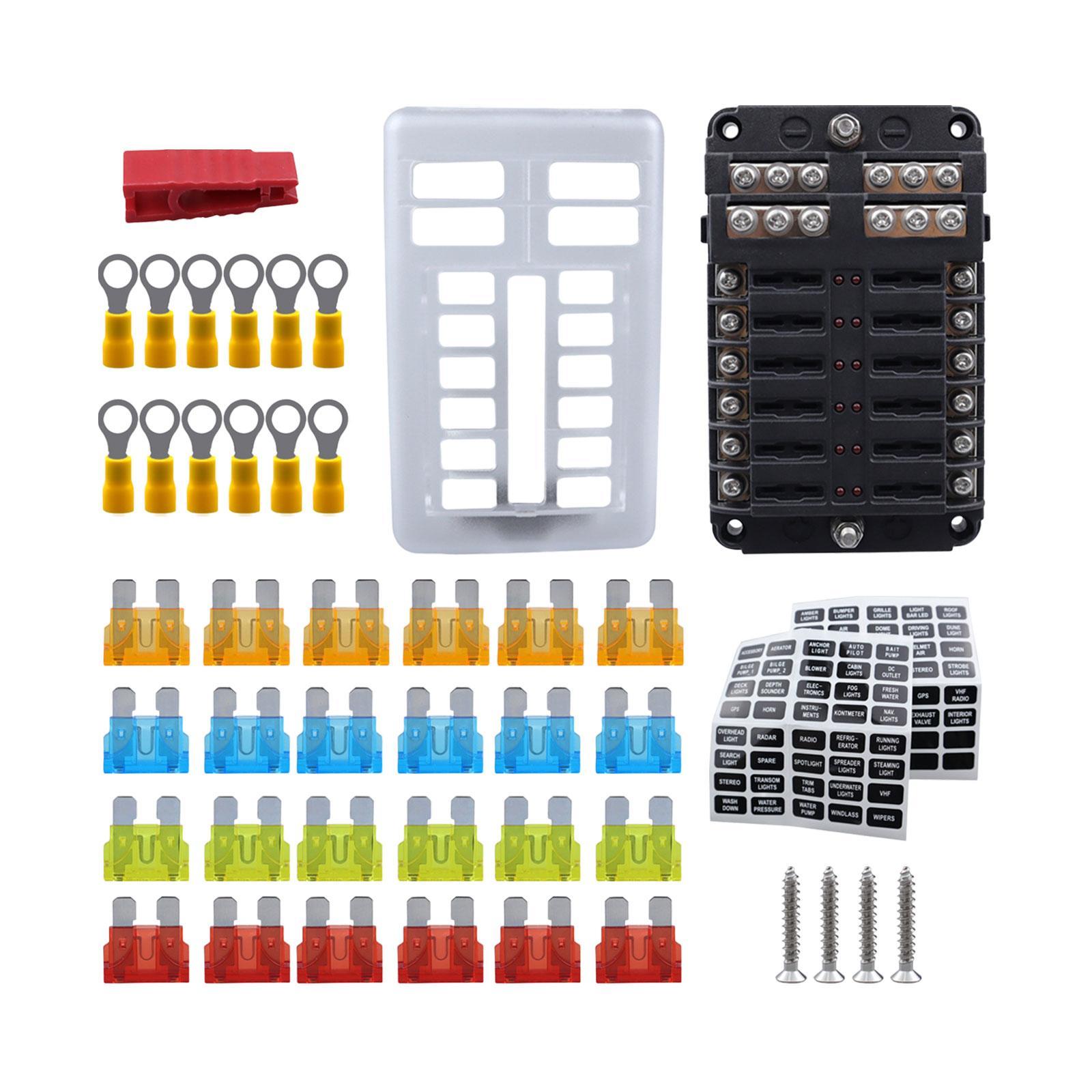 12V Fuse Block Accessory Attachment Professional Waterpoof Replaces 24V 12V 12 Way Marine Fuse Block Fuse Box Holder for Vehicle Van RV