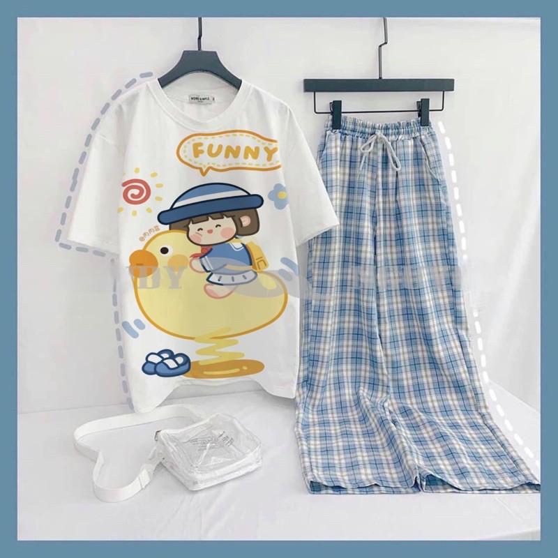 Sét áo vịt cõng bé Happy quần kẻ xanh TH6