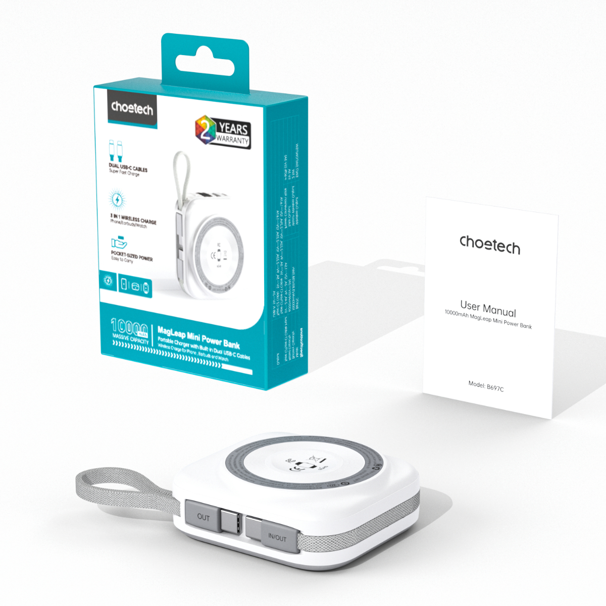 Pin dự phòng đa năng 2 in 1 Choetech B697C công suất 22.5W tích hợp 2 cáp Type C - Hàng chính hãng