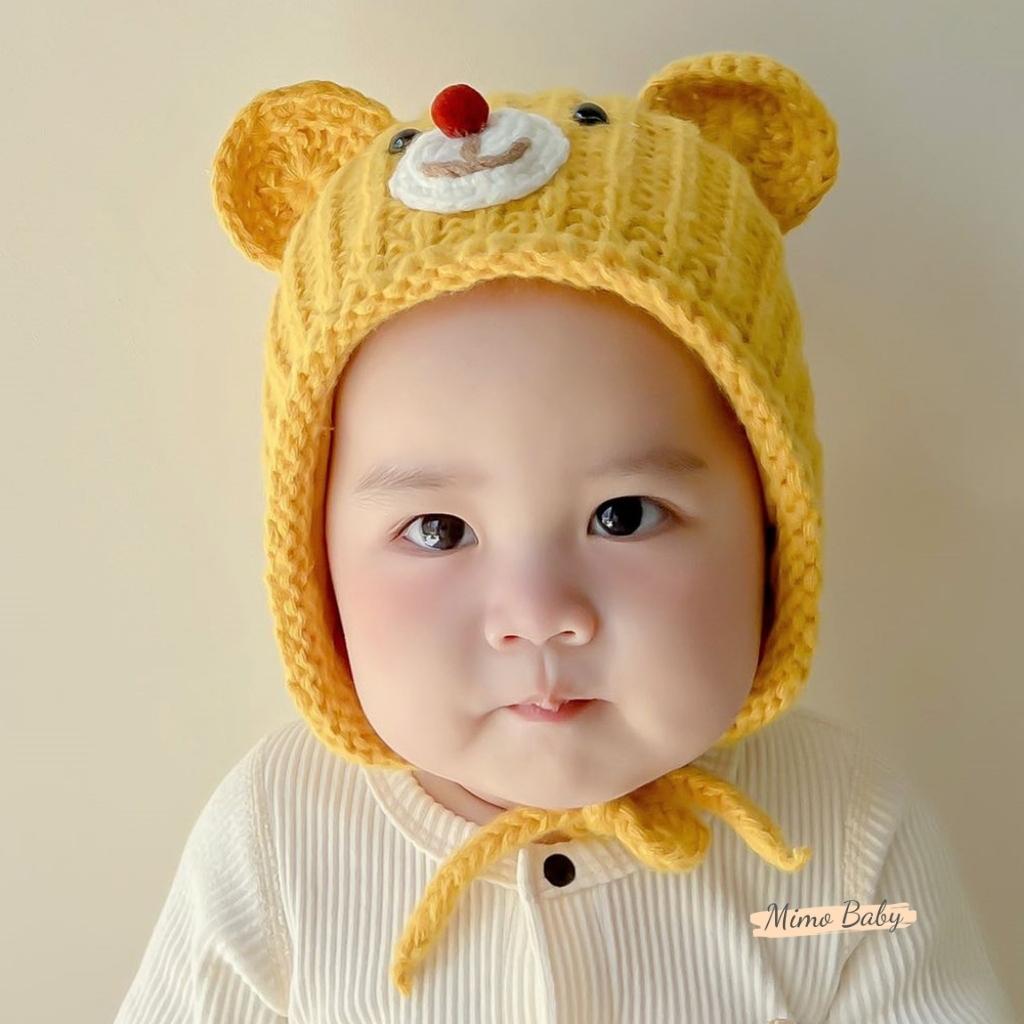 Mũ nón len buộc dây mùa đông đan hình mặt gấu đáng yêu cho bé ML197 Mimo Baby