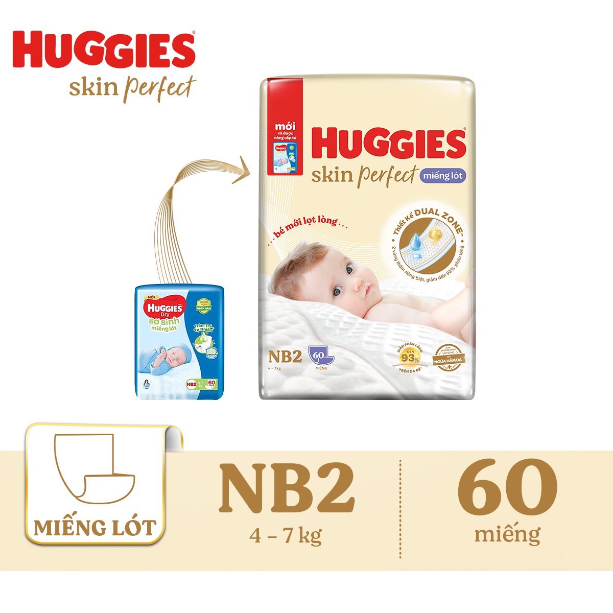 Combo 6 gói Miếng lót sơ sinh Huggies Skin Perfect NB2 60 miếng với 2 vùng thấm giảm kích ứng da