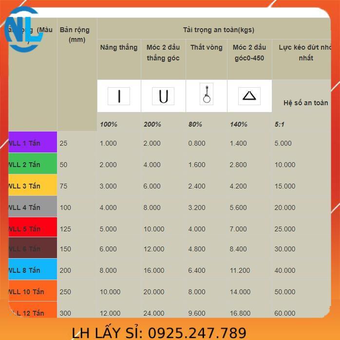 Dây cáp vải cẩu hàng 1 Tấn - bản 25mm - Hệ số 5:1 - 4 Mét