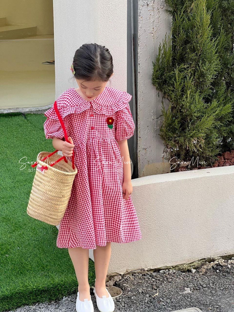 Đầm váy babydoll tay phồng caro cho bé gái diện đi chơi đi học đẹp size 12-35kg chất thô cotton mềm mát