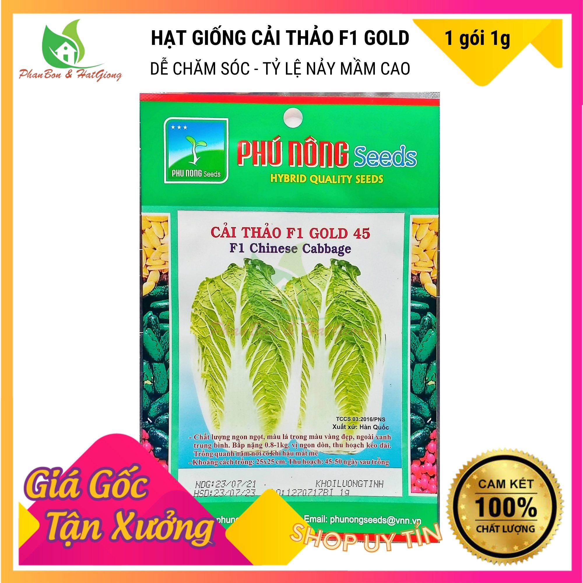 Hạt Giống Rau Cải Thảo F1 Gold Giòn, Ngọt, Giàu Dinh Dưỡng 1Gr - Phú Nông Seeds - Shop Phân Bón và Hạt Giống