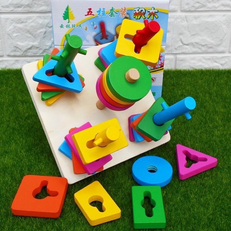 Đồ chơi thả hình 5 trụ cột khối gỗ zic zac cho bé, đồ chơi gỗ phát triển trí tuệ