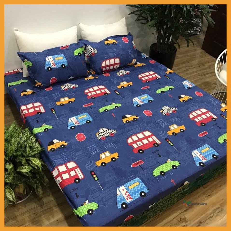 Bộ ga gối poly cotton m2 m6 m8 2m2 mẫu ô tô xanh