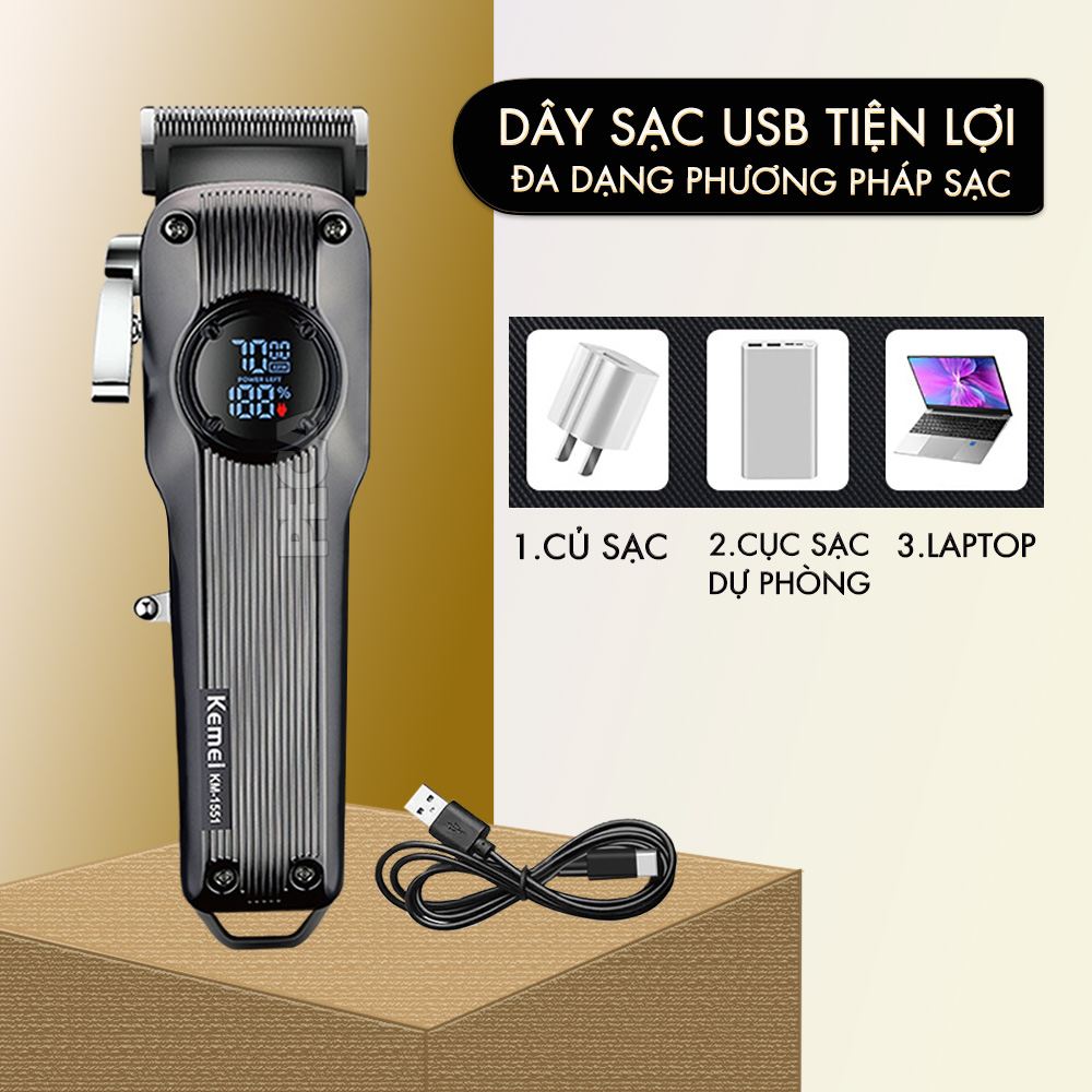 Tông đơ cắt tóc chuyên nghiệp Kemei KM-1551 công suất mạnh 5W màn hình LCD sạc nhanh USB type C tiện lợi - Chính hãng