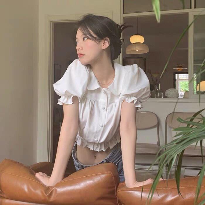 Áo Sơ Mi Cộc Tay Dáng Ngắn Viền Bèo Cổ Sen