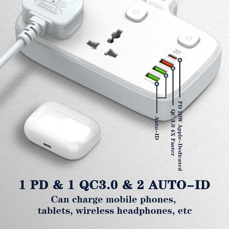 Ổ cắm điện đa năng 6 in 1 hỗ trợ sạc nhanh PD 20w ra 2 ổ cắm điện, 1 PD Type C 20W và 3 USB A QC 3.0 18W hiệu LDNIO SC2413 - hàng nhập khẩu