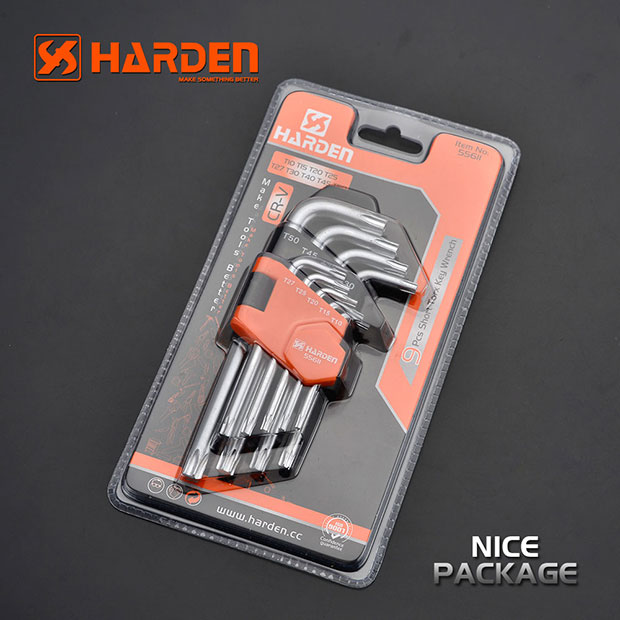 Bộ Tô Lục Giác Đầu Sao 09 Chi Tiết HARDEN 540601 Loại Ngắn, Hàng Chính Hãng, Được Làm Từ Chất Liệu Thép Chrome Vanadium, Độ Cứng Cao. Sản Phẩm Đựng Trong Vỉ Nhựa Tiện Lợi Và Bền Đẹp. Thông số kỹ thuật : T10 、 T15 、 T20 、 T25 、 T27 、 T30 、 T40、T45 、 T50mm