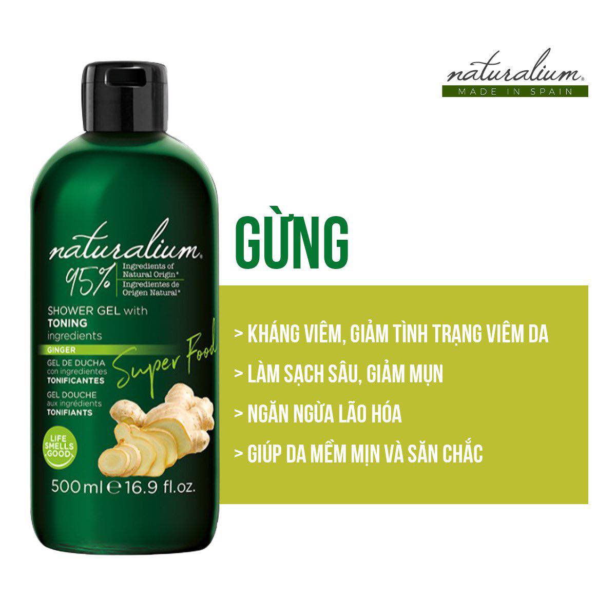 Sữa tắm siêu thực phẩm Super Food NATURALIUM 500ml chiết xuất từ Gừng chống lão hóa da, cho bạn làn da khỏe mạnh, trắng mịn