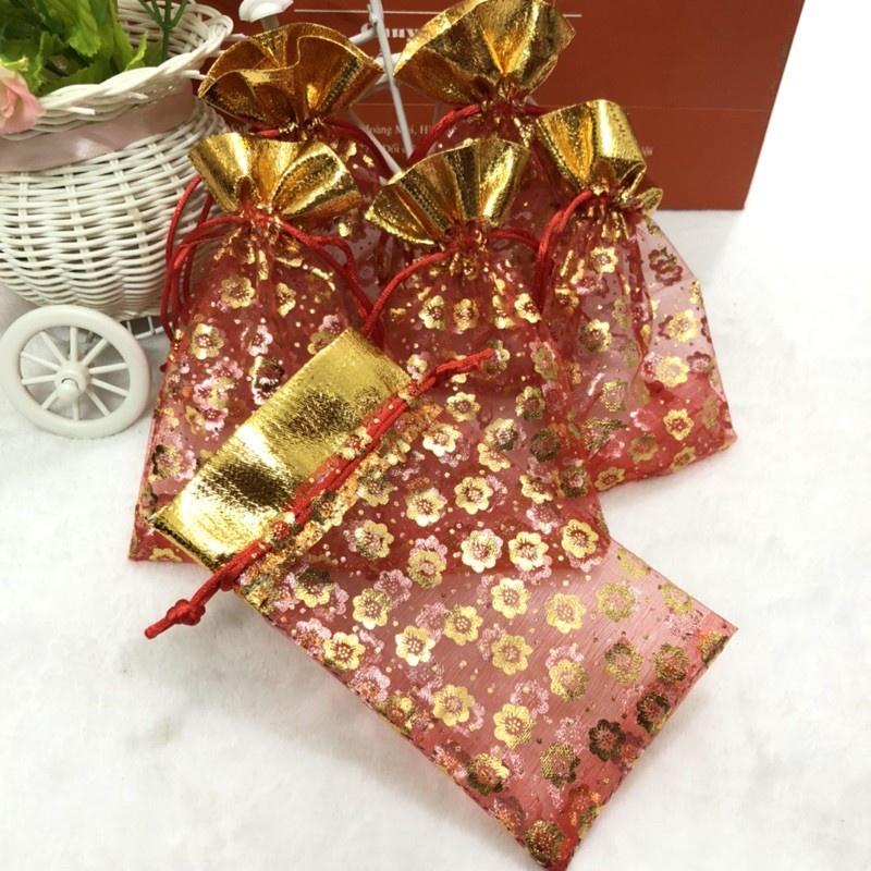 100 Túi gấm đỏ kích thước 9x15cm có dây rút tiện lợi, đựng gạo muối, trang sức đem may mắn tài lộc bình an