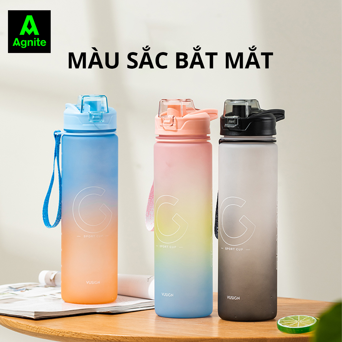 Bình Đựng Nước 1L Bao Bì Dễ Thương Có Vạch Báo Giờ Uống Nước Chia Lượng Nước Agnite - Đầy Đủ Kiểm Định Chất Lượng Phủ Hợp Bình Nước Thể Thao Tập Gym Yoga - VS822 VS823