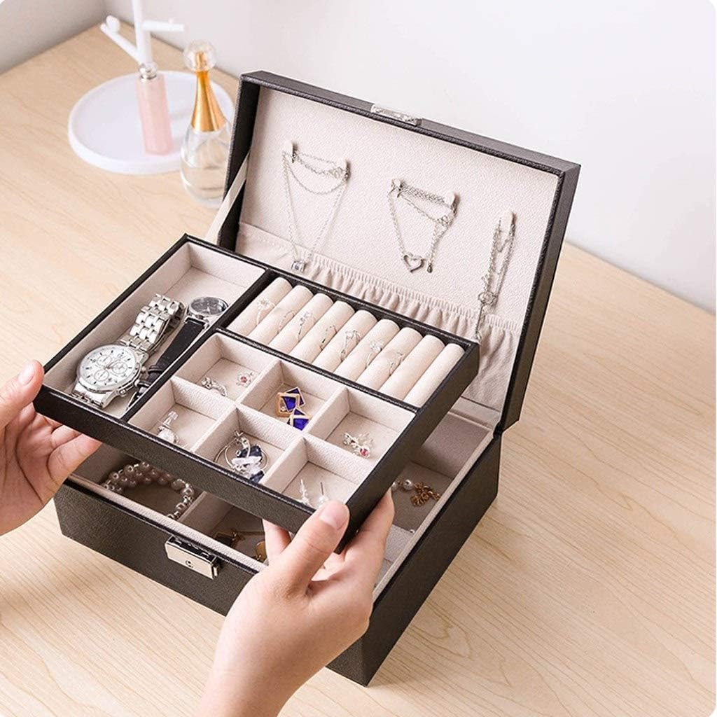 Hộp Đựng Trang Sức Phụ Kiện Bọc Da Hai Tầng Có Khóa – Màu sắc giao ngẫu nhiên