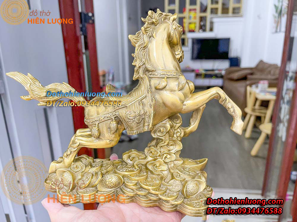 Tượng Ngựa Cưỡi Mây Bệ Tiền Bằng Đồng Nguyên Chất Kích Thước 24x9x20cm, Nặng 1,5kg - Đồ Thờ Hiên Lượng