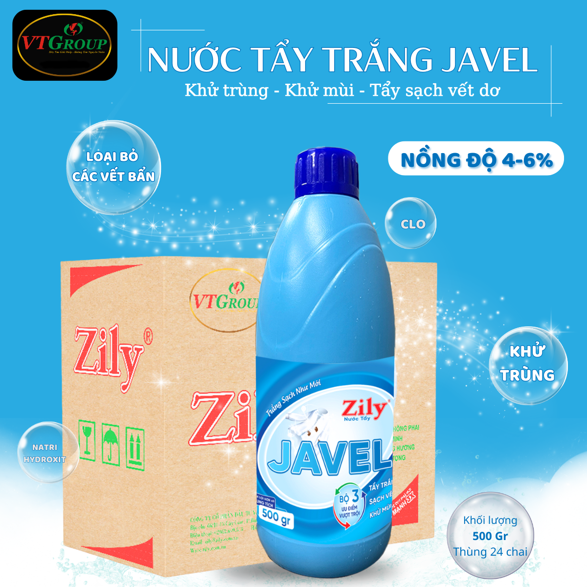Nước Tẩy Trắng Javel Zily 500g - 24 Chai/Thùng
