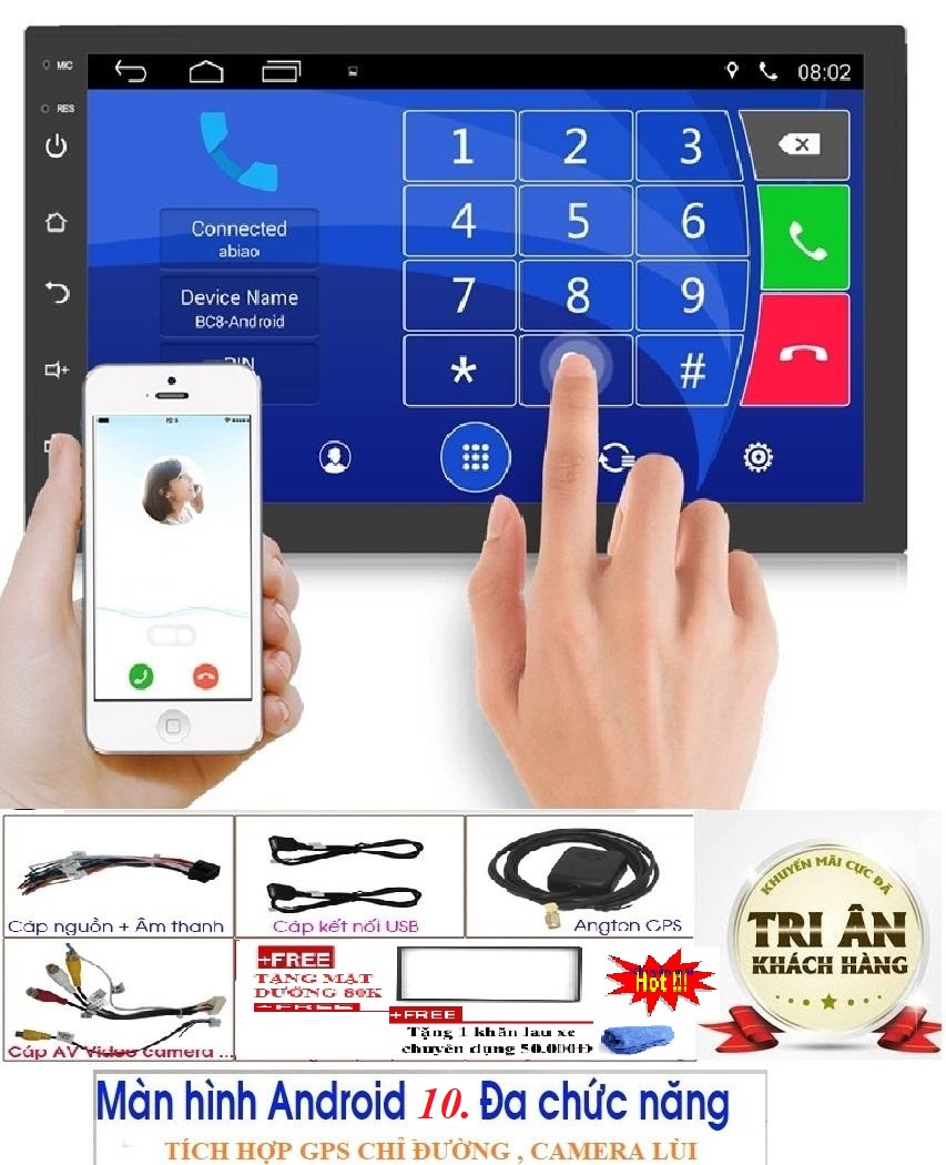 Màn hình cảm ứng ô tô LCD Full HD 1080 7 inch có tiếng Việt chạy hệ điều hành Android 10.Full HD tích hợp GPS kết nối điện thoại,nghe gọi rảnh tay
