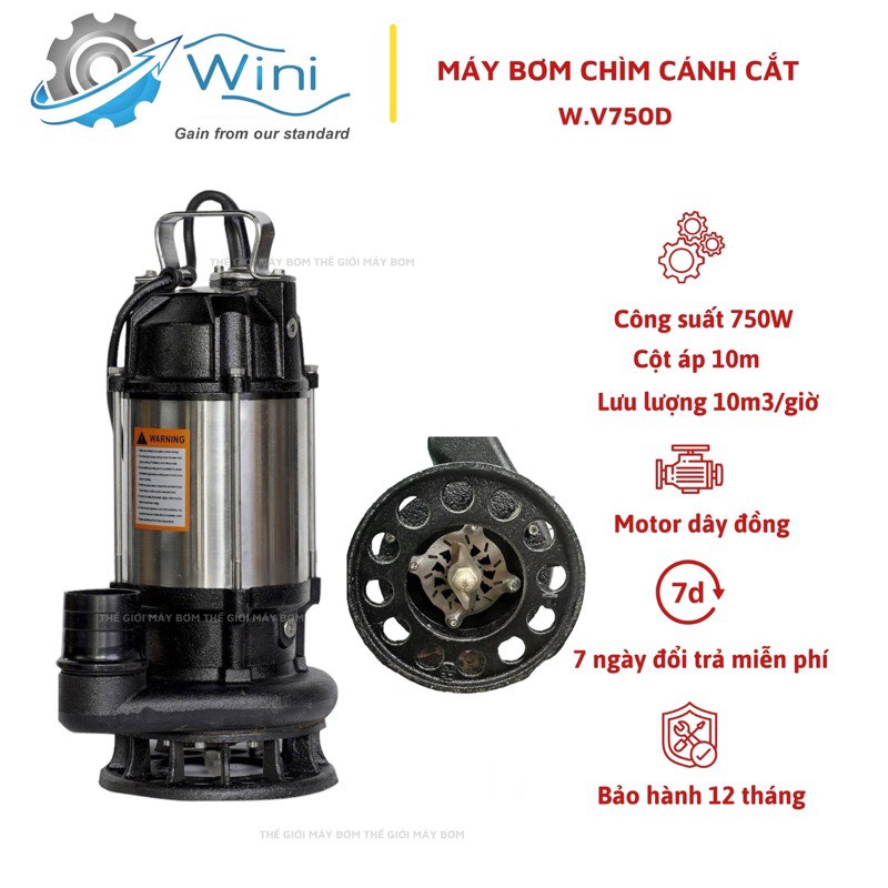 Máy bơm chìm nước thải cắt rác 750W (1HP) Thân inox 304 Wini W.V750D - Bảo hành 1 năm