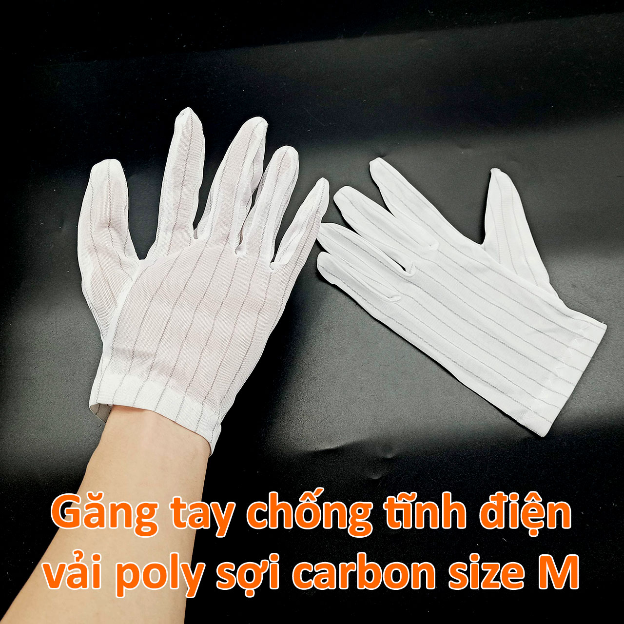 Găng tay chống tĩnh điện vải polyester pha sợi carbon size M