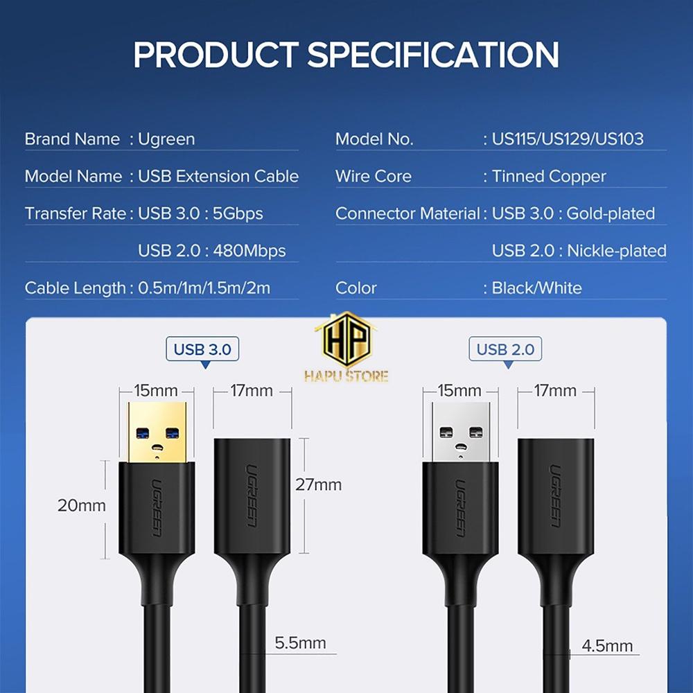 Ugreen 10313 - Cáp USB 2.0 nối dài 0,5M chính hãng - Hàng Chính Hãng