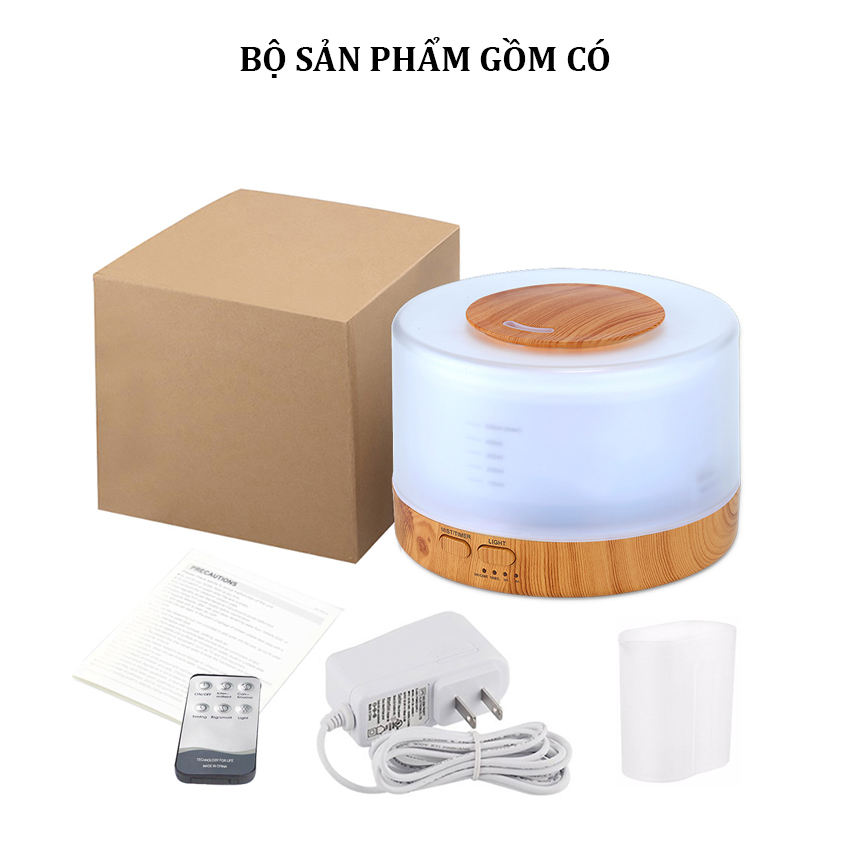 Máy xông tinh dầu trụ trong suốt đế gỗ 500ml led nhiều màu tự động tắt khi hết nước Venado