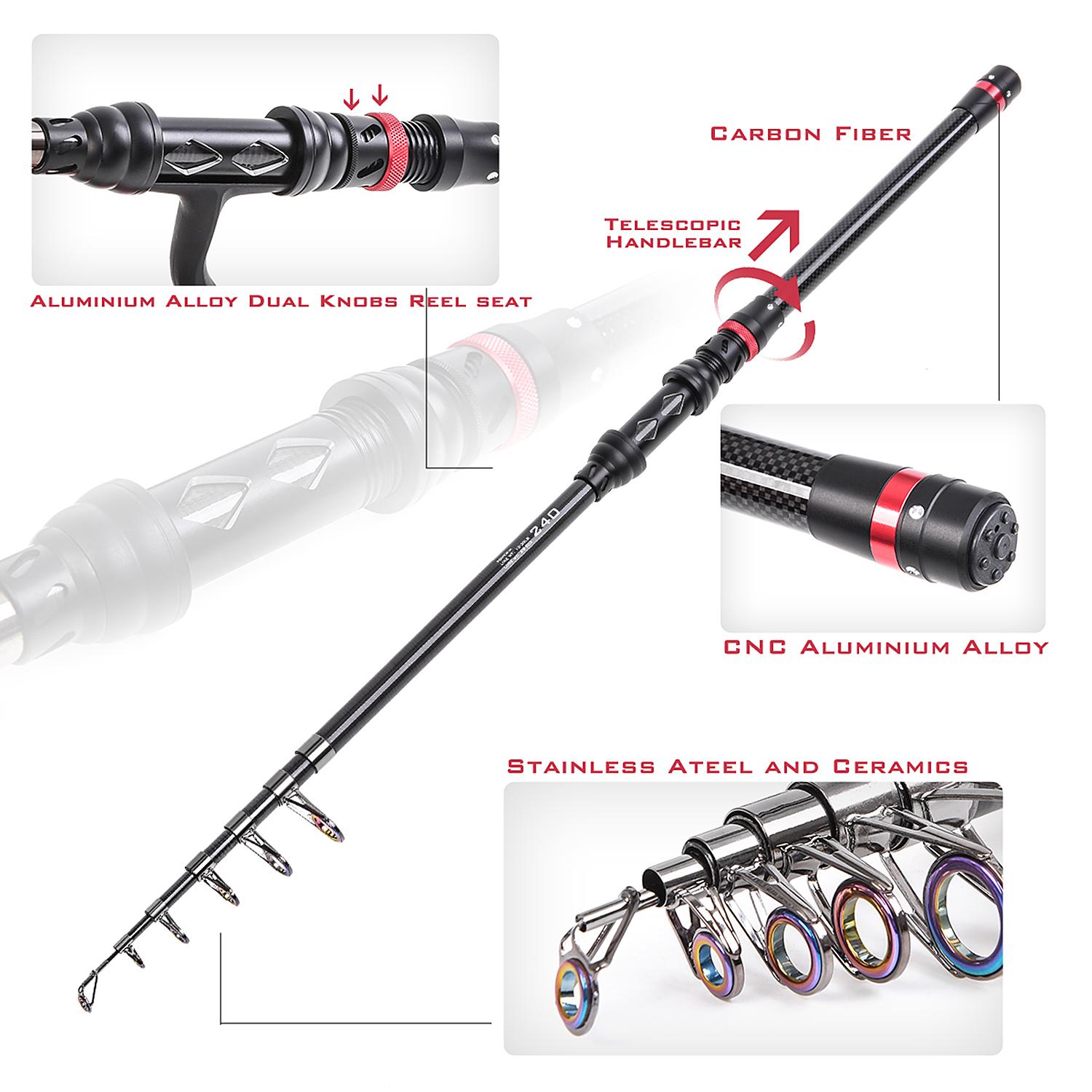 Combo Cần câu câu bằng sợi carbon, cuộn quay, dây câu, và nhiều loại mồi, móc, Với túi đựng